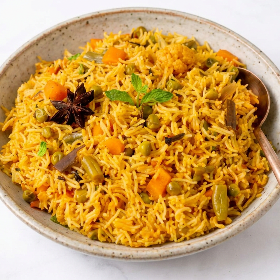 Bowl of spiced vegetable rice pilaf with peas, carrots, green beans, cauliflower, mint, and star anise.