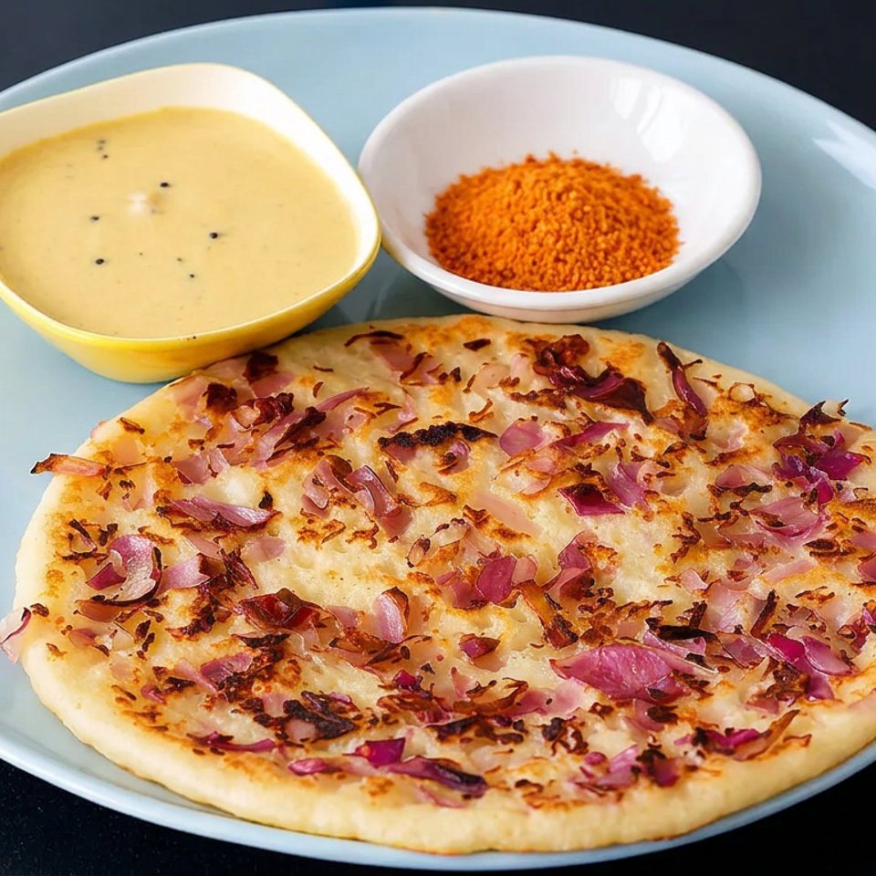 Flatbread topped with caramelized red onions, served on a blue plate with creamy sauce and red spice.