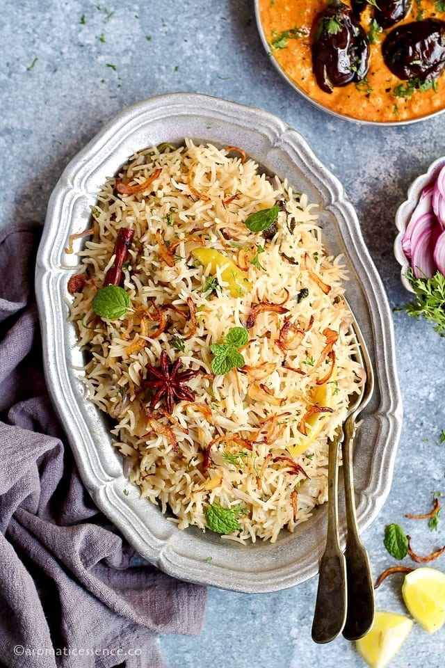 Bagara Rice with Paneer (Spiced Rice with Indian Cheese).