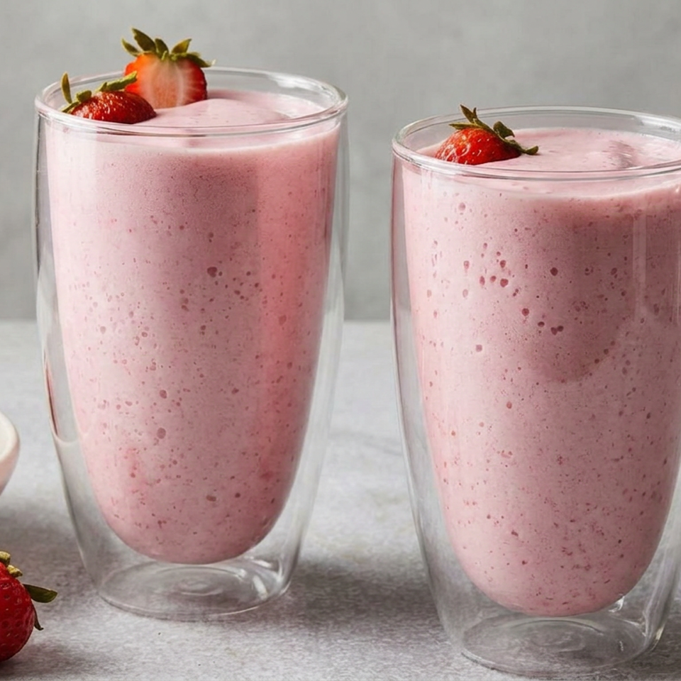 Two glasses of pink strawberry smoothies garnished with strawberries beside a bowl of fresh strawberries on a stone surface.