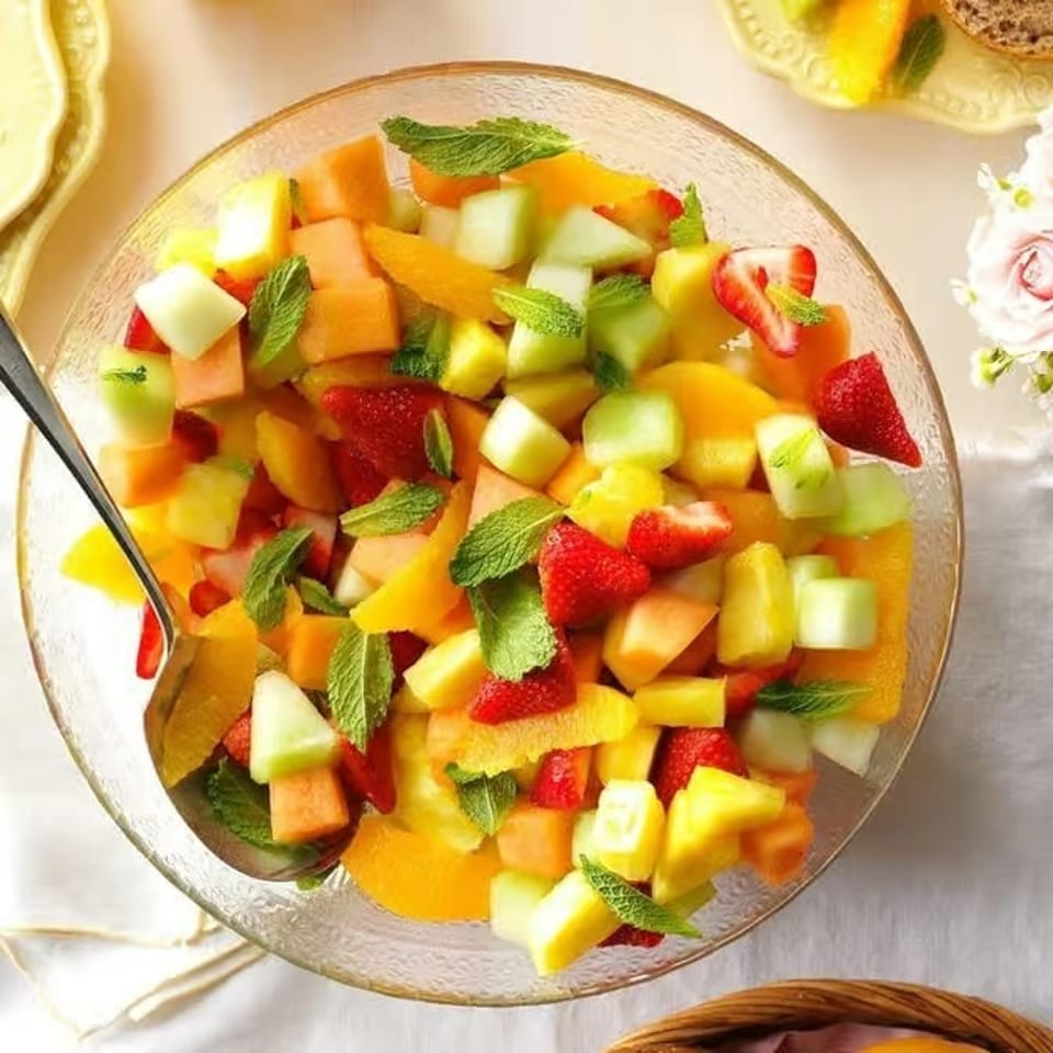Colorful fruit salad with strawberries, melon, pineapple, citrus, mint leaves, and a serving spoon in a glass bowl.