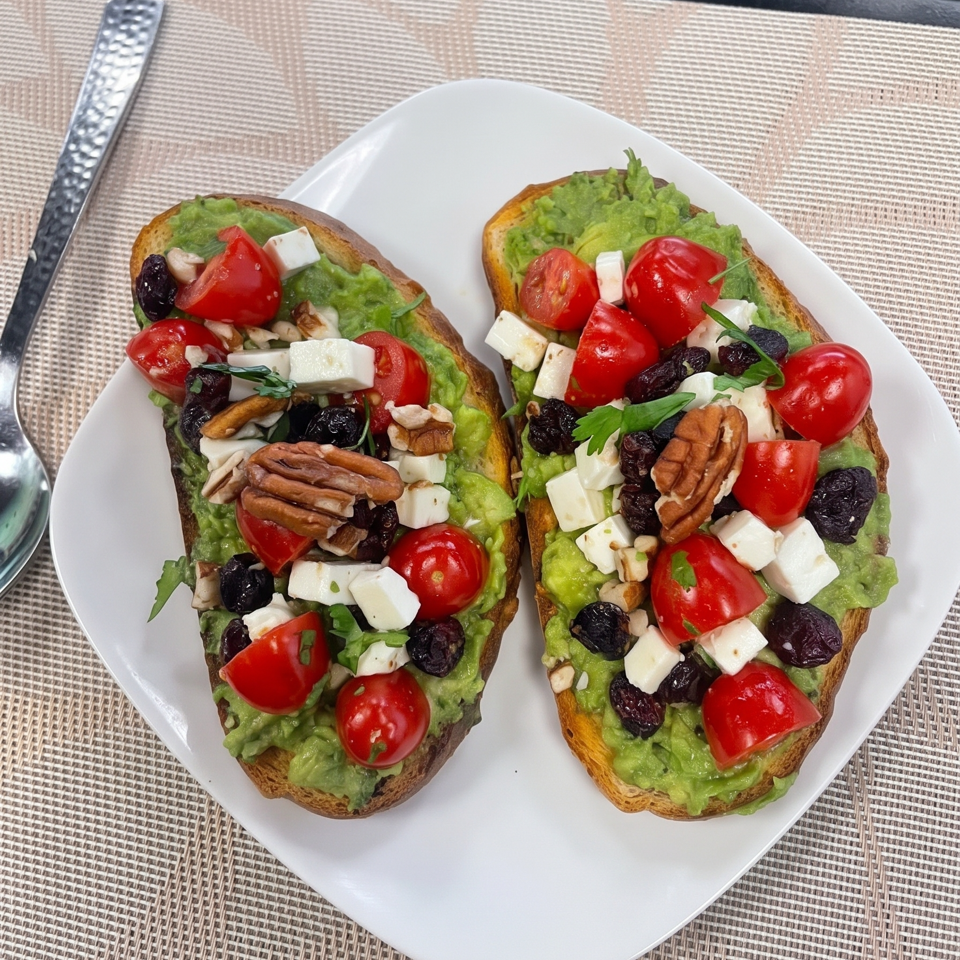 Two slices of avocado toast topped with cherry tomatoes, feta cheese, dried berries, pecans, and herbs on a white plate.