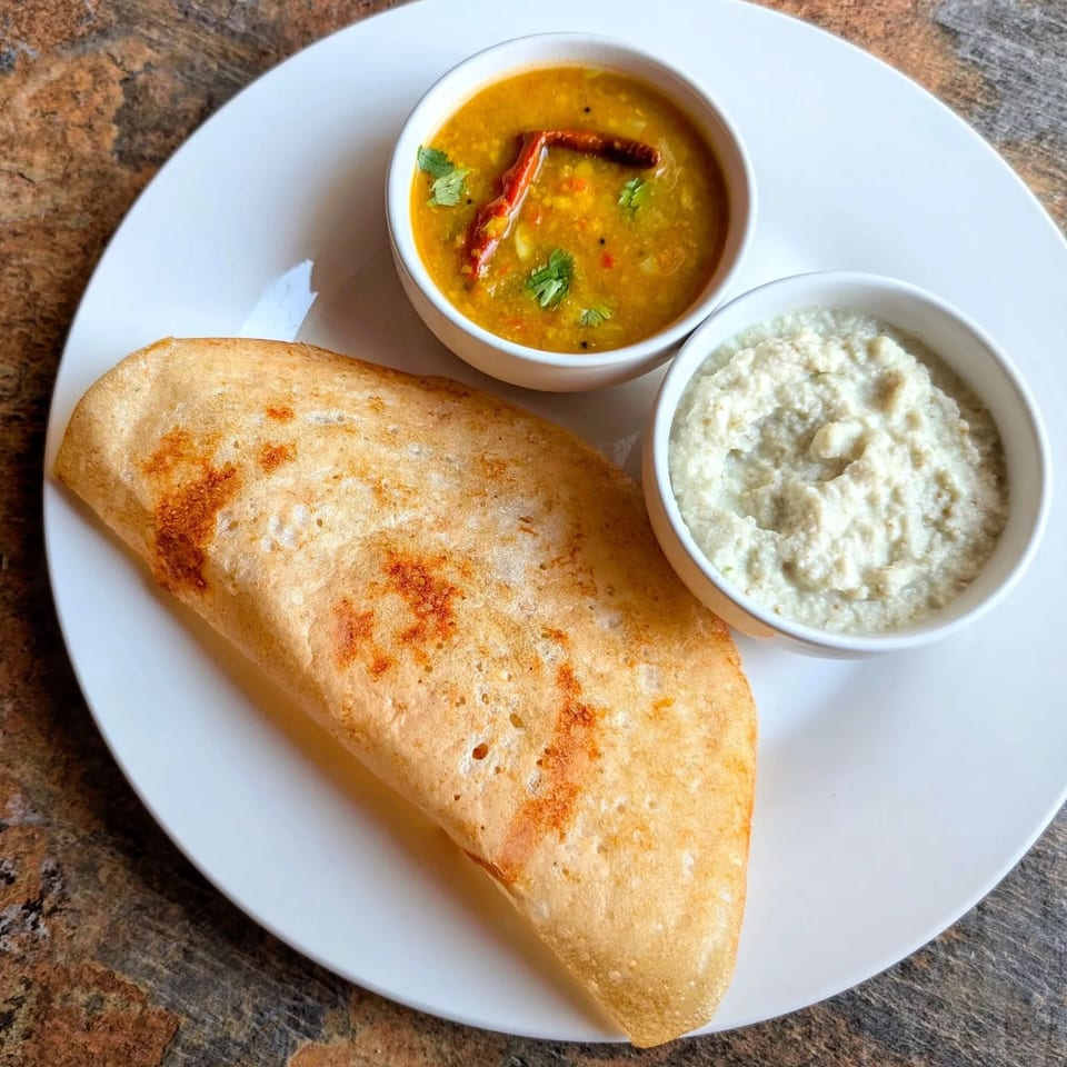 Crispy dosa served with bowls of yellow sambar and creamy white coconut chutney on a white plate.