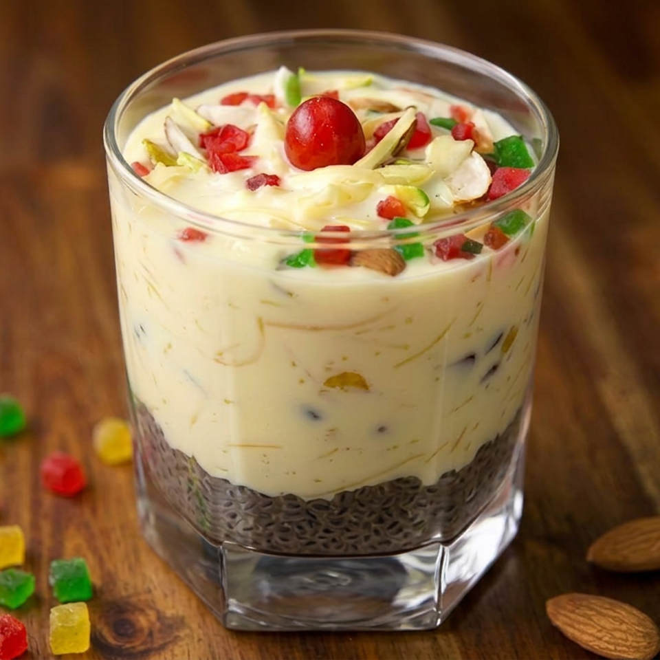 Layered creamy dessert in a glass, topped with a cherry and colorful candied fruit, with almonds and scattered candy on a wooden table.