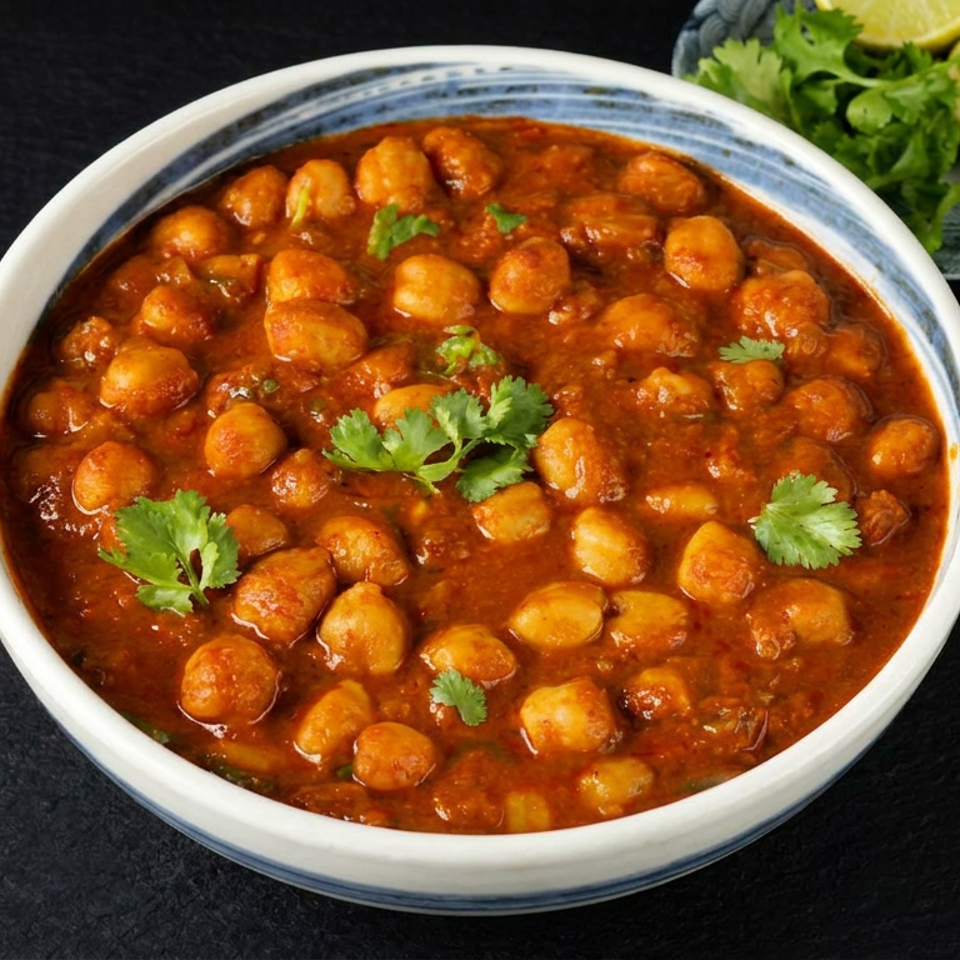 Bowl of chickpea curry garnished with cilantro, accompanied by fresh cilantro and lime wedges on a dark tabletop.